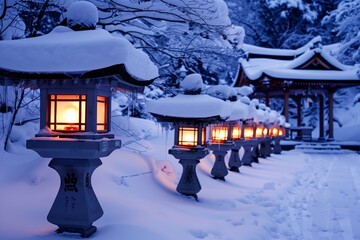 line of glowing snow lanterns leading to a snowcovered shrine - obrazy, fototapety, plakaty