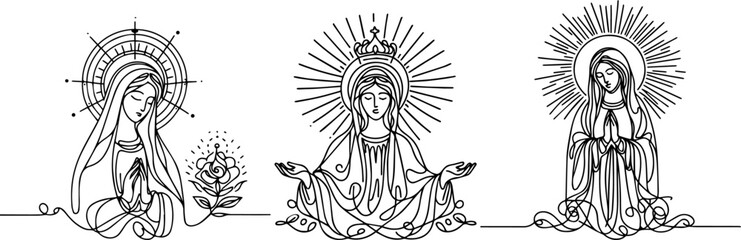 Fototapeta na wymiar Virgin Mary one line drawing laser cutting engraving