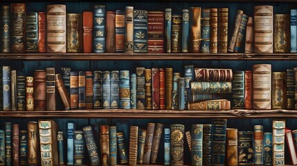 A background of a bookshelf brings a literary world to life, setting the stage for endless stories and learning - obrazy, fototapety, plakaty
