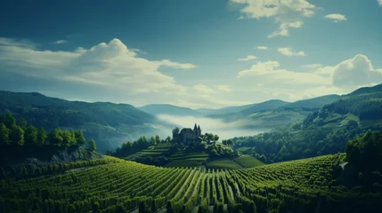 Foto op Plexiglas Scenic aerial view of vineyard grapes and villa in rural landscape on sunny day for farm banner © Aliaksandra