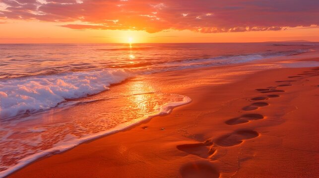 Beach sunset or sunrise with footprints in the sand, To evoke feelings of peace, tranquility, and warmth, and inspire a sense of adventure and for use as a wallpaper,