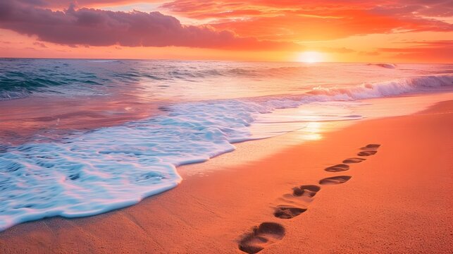 Beach sunset or sunrise with footprints in the sand, To evoke feelings of peace, tranquility, and warmth, and inspire a sense of adventure and for use as a wallpaper,
