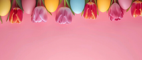 row of colorful easter eggs with tulips  on pink background, copy space concept for text and design. Happy Easter greeting card banner template.