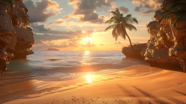 Serenity by the Shore: A tropical beach at sunset, with palm trees silhouetted against the orange sky over the calm ocean, The scenery is calm and pleasing to the eyes.