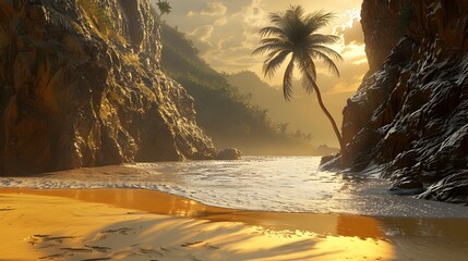 Serenity by the Shore: A tropical beach at sunset, with palm trees silhouetted against the orange...