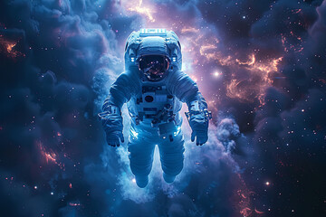 Astronaut in a spacesuit is floating in space. The image has a sense of adventure and exploration
