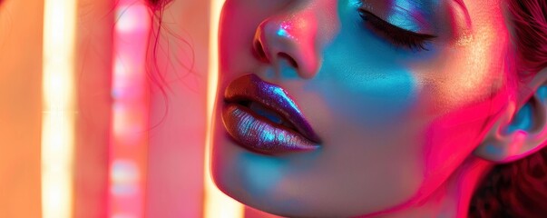 High fashion stunning beautiful woman portrait with metallic silver colored lips, colorful bright neon lights, professional studio photo