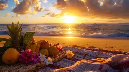 Tropical Beach Picnic with Fruits during Sunset, Beautiful Sunrise on the Beach with Flowers, To...