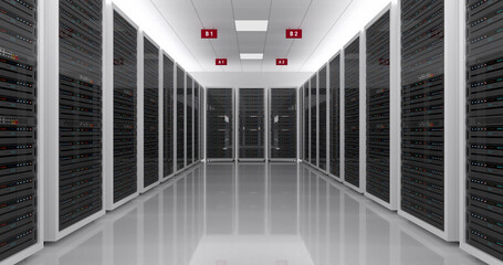 Data Server Room. Computer Racks All Around. Futuristic AI Computing. Technology Related 3D Illustration Render.