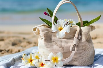 beach bag on a towel with frangipani and orchids peeking out