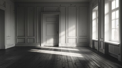 Empty room with monochromatic style, iperrealistic photography, architecture, black and white.
