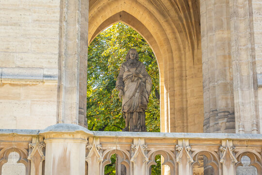 Statue of Blaise Pascal under the Saint Jacques Tower in Paris, France