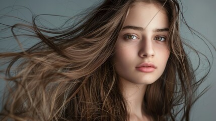 Fototapeta premium Stunning beautiful young caucasian brunette girl with long and shiny windblown hair, professional studio photo