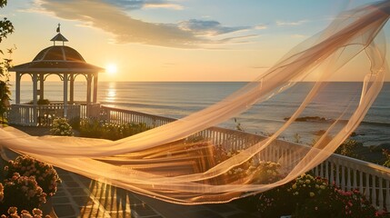 Seaside Porch with a View of the Ocean, Sunset Gazebo with White Blanket and Sheer Curtains,To convey a sense of warmth, tranquility, and elegance, perfect for romantic or nostalgic themes.