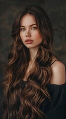 Stunning beautiful young caucasian brunette girl with long and shiny wavy hair, professional studio photo