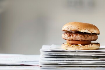 meaty burger placed on a stack of freshly printed reports - obrazy, fototapety, plakaty