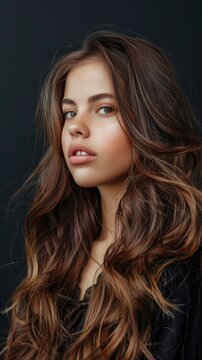 Stunning beautiful young caucasian brunette girl with long and shiny wavy hair, professional studio photo