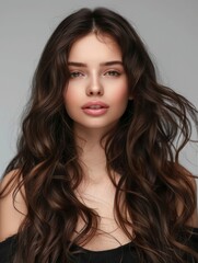 Fototapeta premium Stunning beautiful young caucasian brunette girl with long and shiny wavy hair, professional studio photo