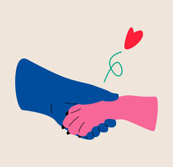 Hand holds a dog's paw. Symbol of love for dogs. Colorful vector illustration