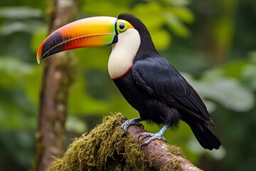 Fototapeta premium Colorful toucan gracefully perched in the lush tropical rainforest jungle habitat