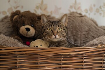 Naklejka na ściany i meble tabby cat and teddy bear together in large wicker basket