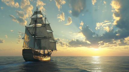 sailing ship on ocean - obrazy, fototapety, plakaty
