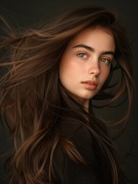 Stunning beautiful young caucasian brunette girl with long and shiny windblown hair, professional studio photo
