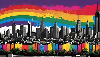 City decorated in LGBT colors. Architectural style - obrazy, fototapety, plakaty