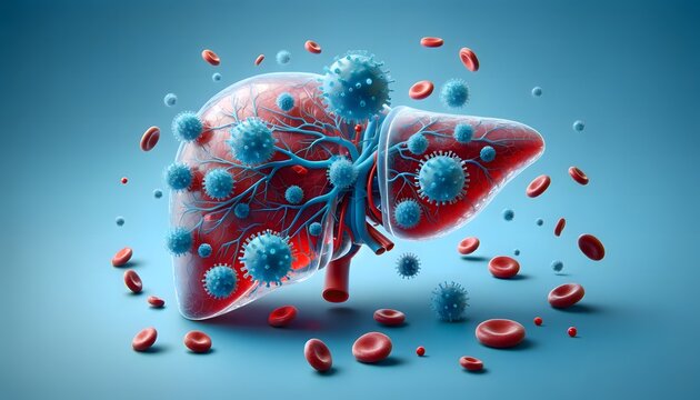a human liver with visible blood vessels and blood cells, encompassed by various pathogen-like particles, set against a blue background. 3d illustration.