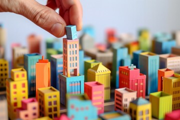 tiny city made of colorful blocks with a hand adjusting a tower - obrazy, fototapety, plakaty