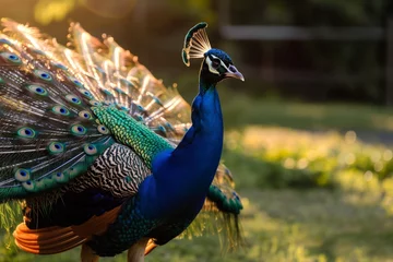 Foto op Plexiglas peacock with feathers fanned, sunset illuminating © studioworkstock