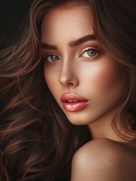 Stunning beautiful young caucasian girl with plump lips charming eyes and magnificent hair, professional studio fashion photo