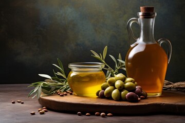 Glass bottle with olive oil and olive tree branch, providing ample space for text