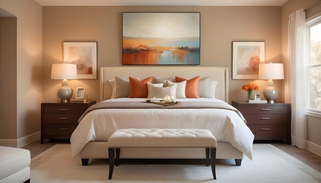 Cozy bedroom in warm colors with painting, a nightstand, a pouf, and a plaid.