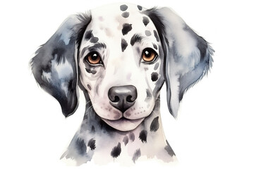 Watercolor illustration of a Dalmatian puppy with soulful eyes and distinctive spots. 