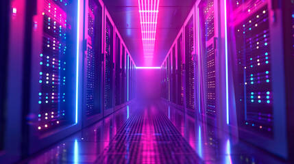 Perspective view of a modern data center server room bathed in neon pink and blue lights.  - obrazy, fototapety, plakaty