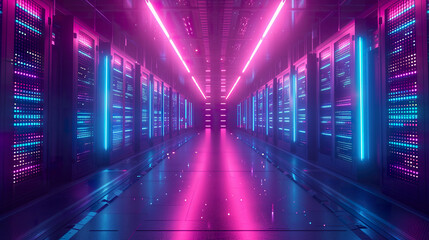 Neon-lit data center with rows of server cabinets. 