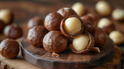 Macadamia nuts close-up on the table. Handful of delicious aromatic nuts in shell and peeled. Healthy organic food