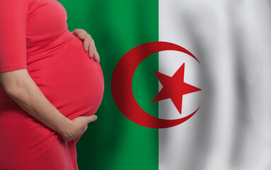 Algerian pregnant woman belly on flag of Algiers background - 768594554