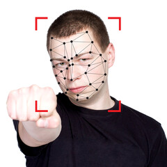 Young man and technology biometric security system. Facial recognition concept - 768594580
