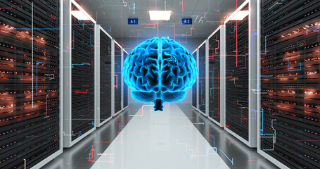 Human brain symbolizing artificial intelligence. Rack servers in data center. Artificial intelligence powered computers. - obrazy, fototapety, plakaty