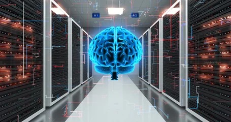 Foto op Canvas Human brain symbolizing artificial intelligence. Rack servers in data center. Artificial intelligence powered computers. © Yucel Yilmaz