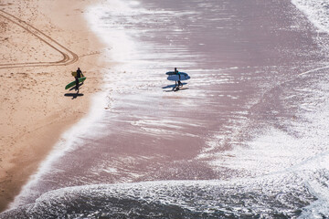 Surfers with their boards on the beach shore
