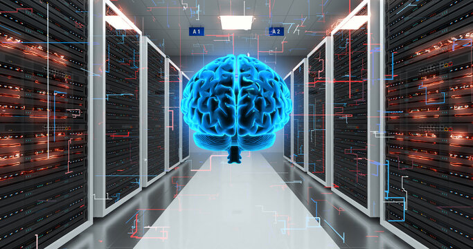 Human brain symbolizing artificial intelligence. Rack servers in data center. Artificial intelligence powered computers.