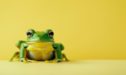 Exquisite green frog poses gracefully against a vibrant yellow background, echoing the significance of February 29th