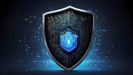 Experience ultimate cyber protection with our cutting-edge security illustration. A digital shield fortified with key lock security, guarding against cyber threats in a futuristic landscape.