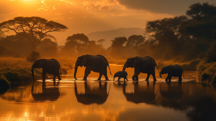 A group of elephants are walking through a river - obrazy, fototapety, plakaty