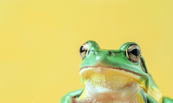 Beautiful emerald frog rests on a sunny yellow backdrop, embodying the essence of Leap Day in February