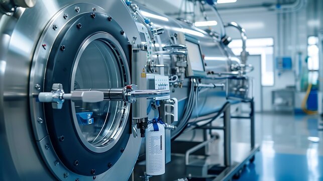 Detailed shot of an autoclave sterilization unit outside a cleanroom essential for the decontamination of tools and equipment