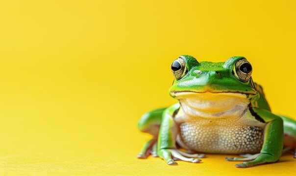 Stunning frog with lush green tones sits elegantly on a sunny yellow surface, representing the leap year's rare February 29th